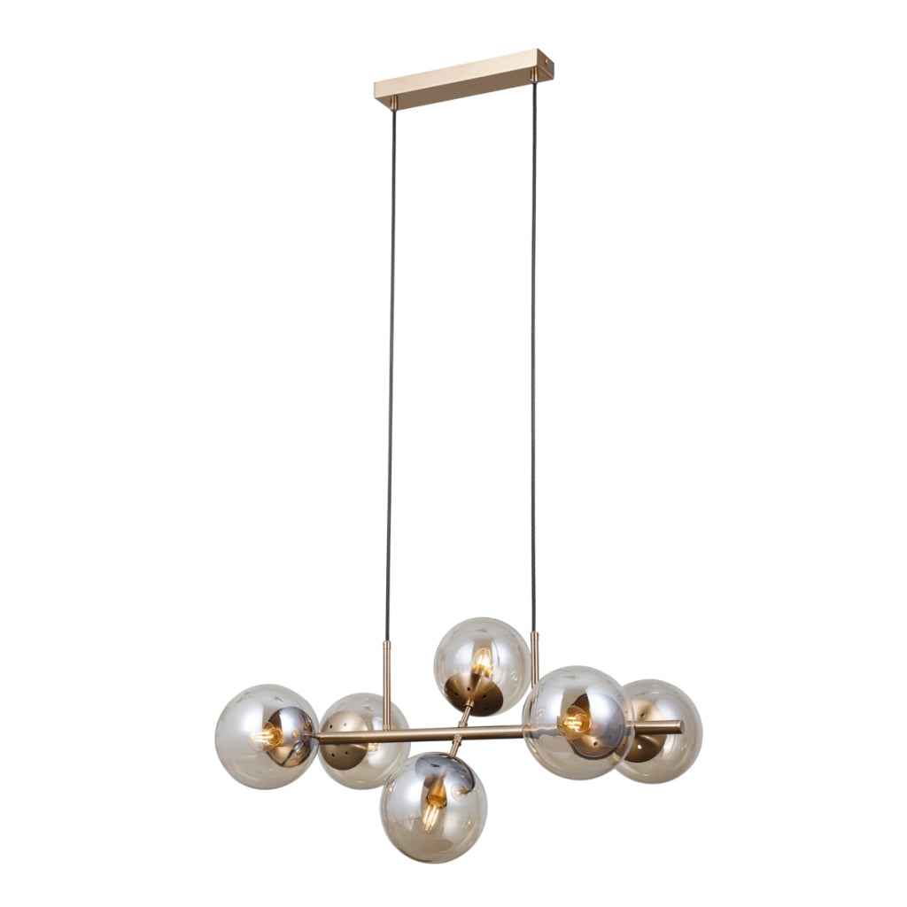 Lampadario moderno oro, sfere vetro ambra 6xE14 Molite