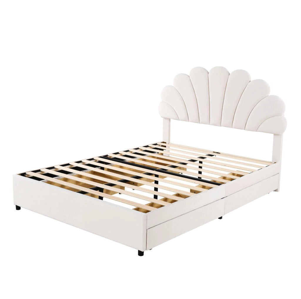Letto imbottito 140x200 cm con 4 cassetti e testiera a fiore; velluto beige (Senza materasso)
