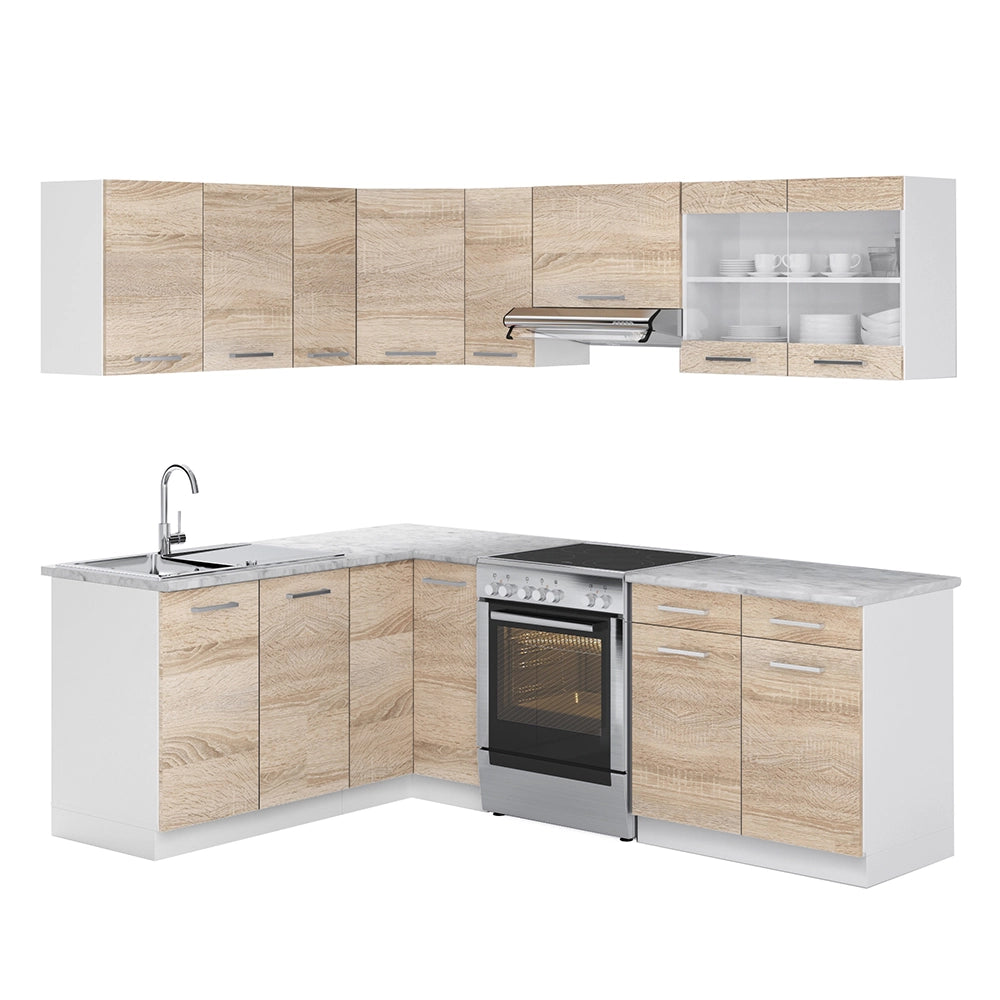 Cucina ad angolo Rick Sonoma/Bianco 227 x 167 cm, PL Marmo con striscia LED Vicco