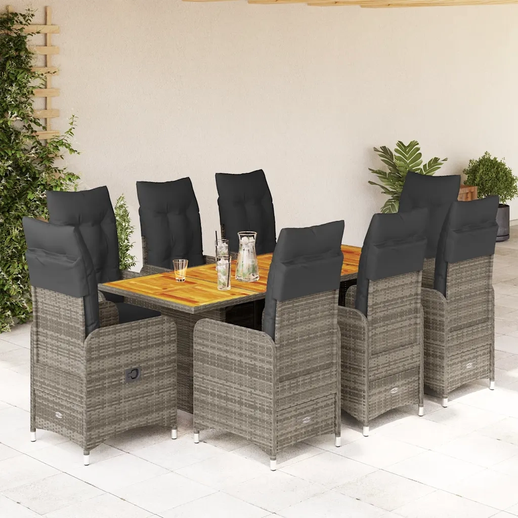 Set BistrÃ² da Giardino 9 pz con Cuscini in Polyrattan Grigio