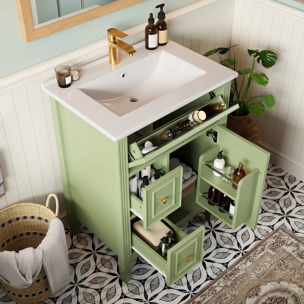 Mobile bagno con 1 anta; 3 cassetti e lavabo in ceramica; soft close; per bagno; 61×47×86 cm; verde