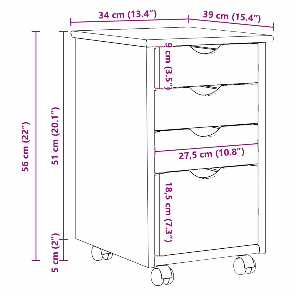 Mobile con Ruote Grigio 34 x 39 x 56 cm Legno di pino massiccio 42028342