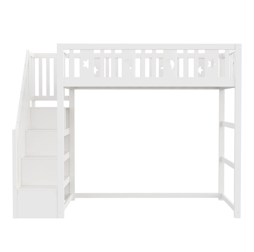 Letto a soppalco 90x200 cm con scala e ripiani; area divano; bianco