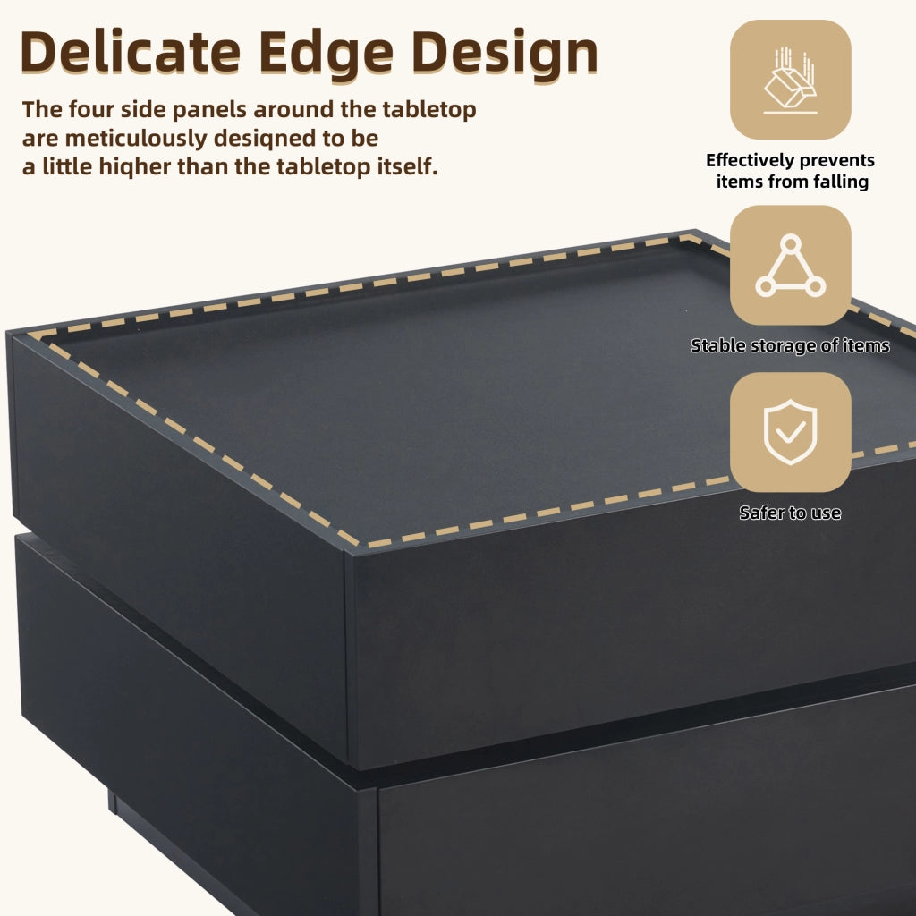 Tavolino basso girevole a 360° con 2 cassetti e bordo rialzato per soggiorno in truciolare nero 60 × 60 × 38 cm