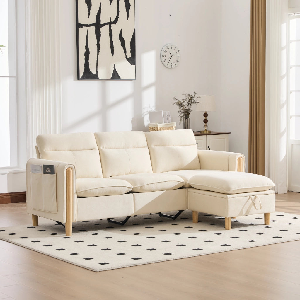 Divano angolare 3 posti reversibile con contenitore e tasche laterali in chenille beige
