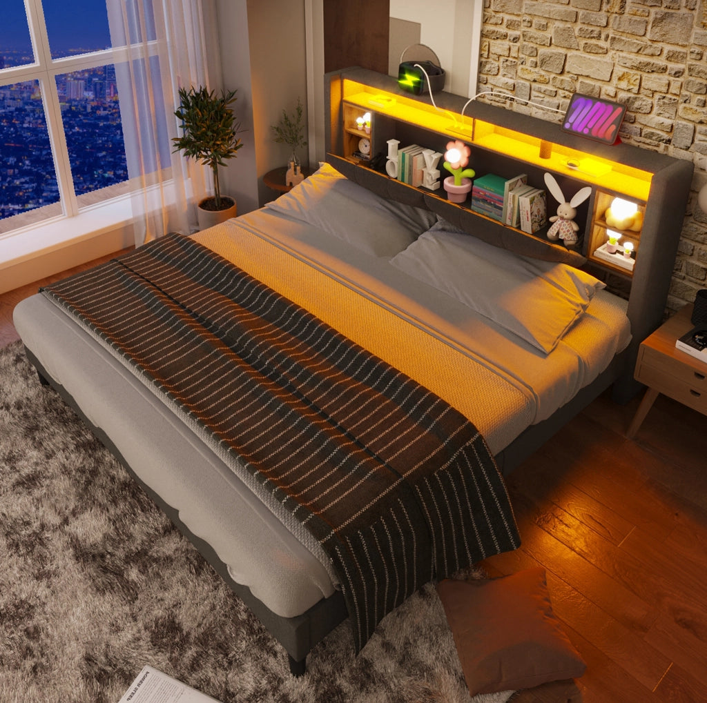 Letto imbottito 140x200 cm con contenitore; LED; USB e prese; grigio