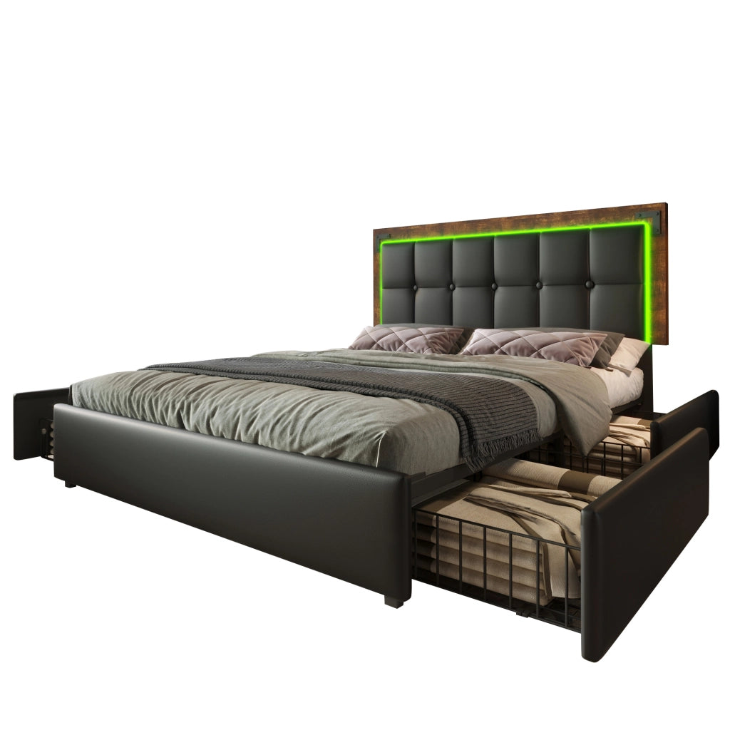 Letto Imbottito Matrimoniale con LED e 4 Cassetti ¨C MINIMAL ¨C Testiera Regolabile, Similpelle Nero, 160x200