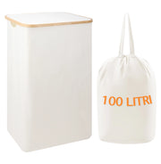 Cesto Portabiancheria Con Coperchio Cesta Bucato 100L Con Sacco Interno Removibile Tessuto Oxford Manici In Bambù Pieghevole Grande Biancheria Sporca - Bianco