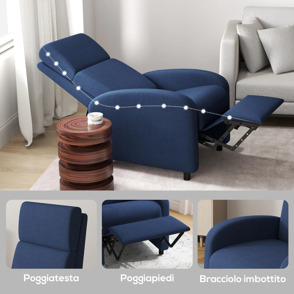 Poltrona Relax Reclinabile con Poggiapiedi in Tessuto Blu ¨C Zephmum ¨C 160¡ã Manuale