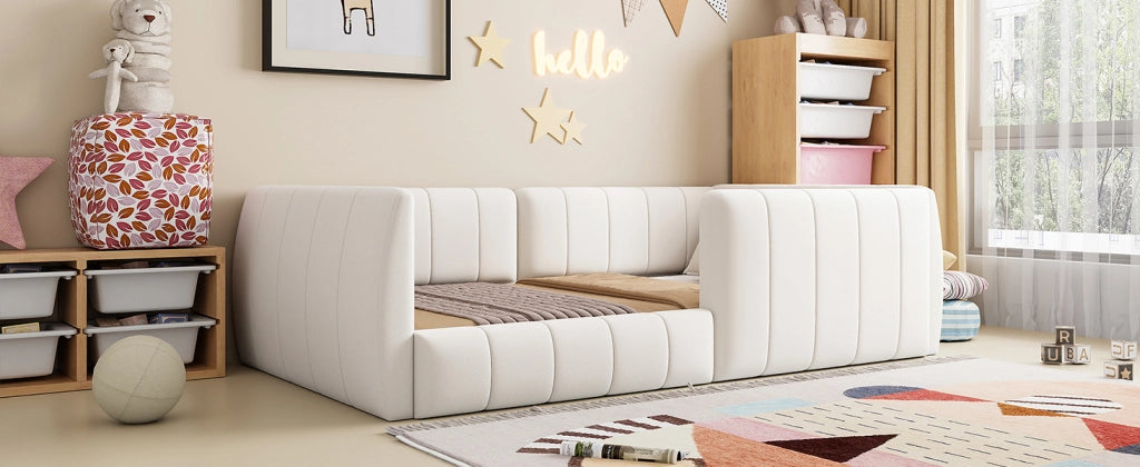 DESMIU Letto bambino 90 × 200 cm con sponda di sicurezza, in MDF e velluto, senza materasso, beige