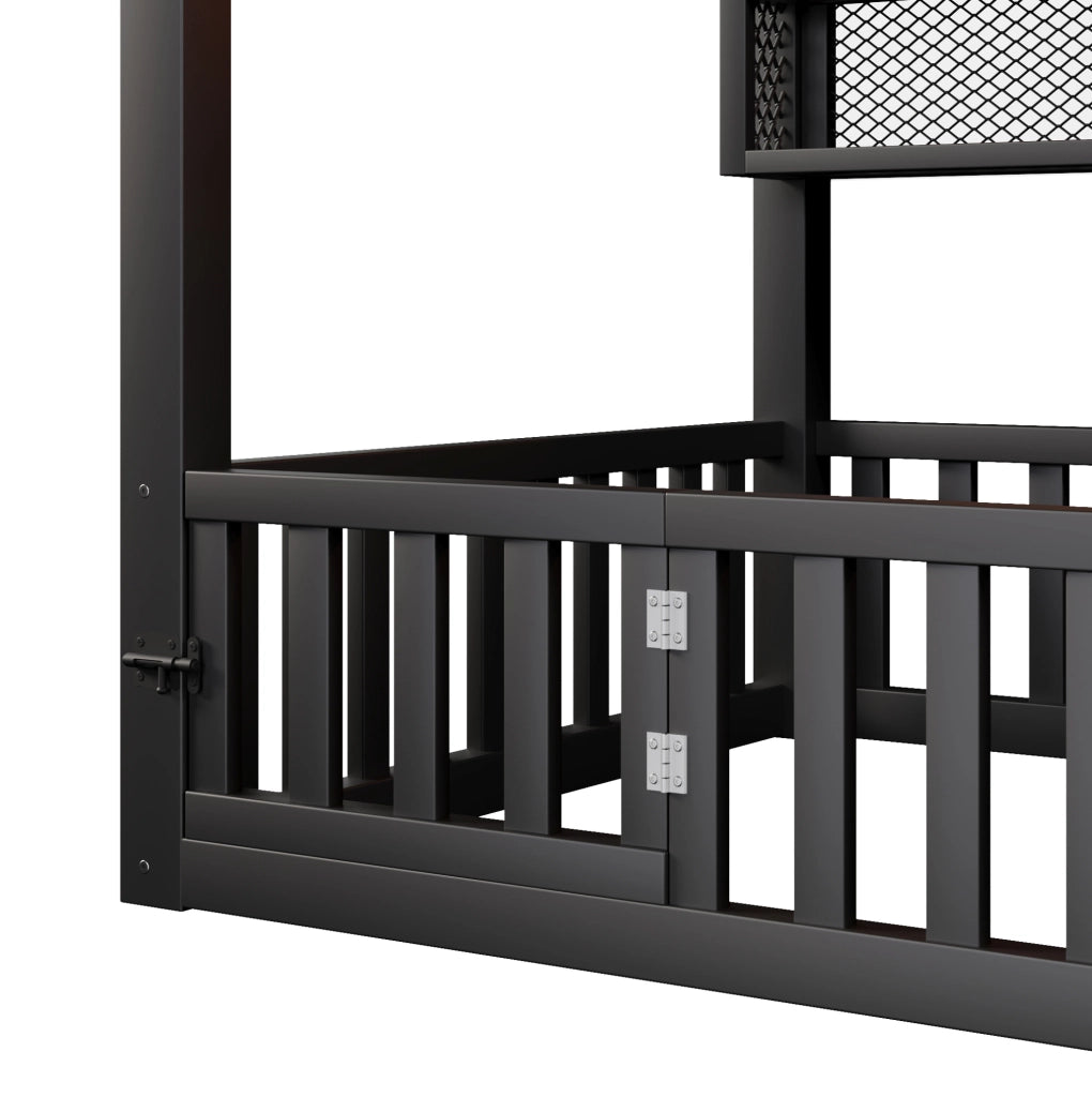 Letto singolo a casetta 90x200 cm con barriera di sicurezza e LED 7 colori in metallo nero