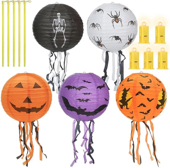 Lanterne Opvougbile 5 Pezzi - Decorazione di Halloween - Disegni di Pipistrelli/Spine/Fantasmi - Decorazione di Festa - Progetto Sinistro