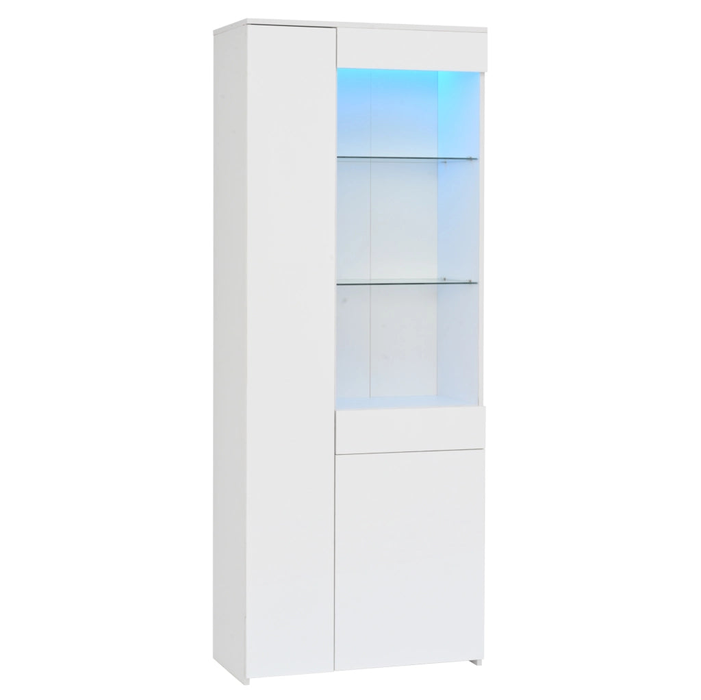 Vetrina alta 70x35x180 cm bianca con LED; 2 ante; cassetto e ripiani in vetro temperato