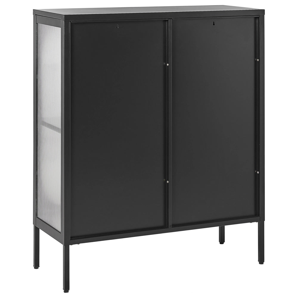 Credenza in acciaio nero e ante in vetro opaco in stile moderno contemporaneo