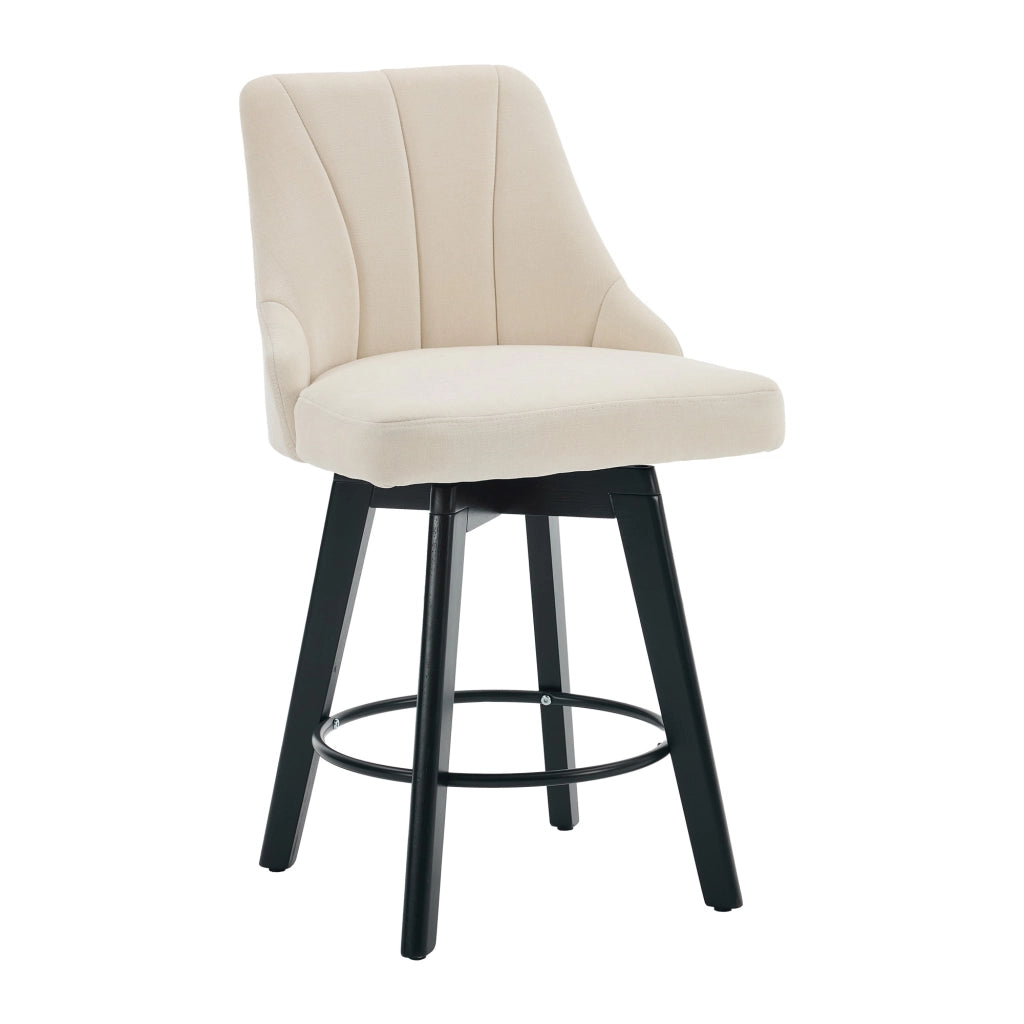 Sgabello da bar girevole 360° in ciniglia beige con schienale imbottito e poggiapiedi