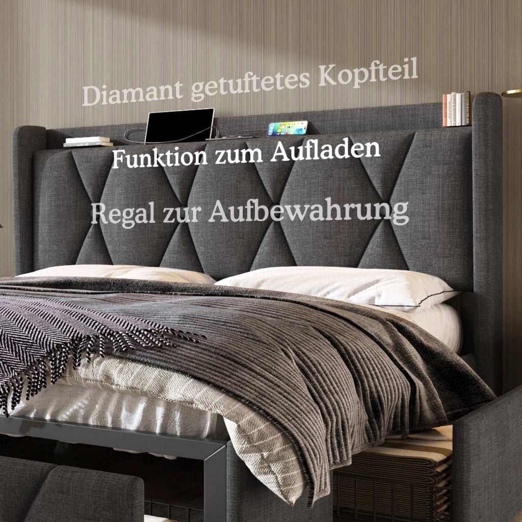 Letto matrimoniale imbottito 160x200 cm grigio con 4 cassetti e USB
