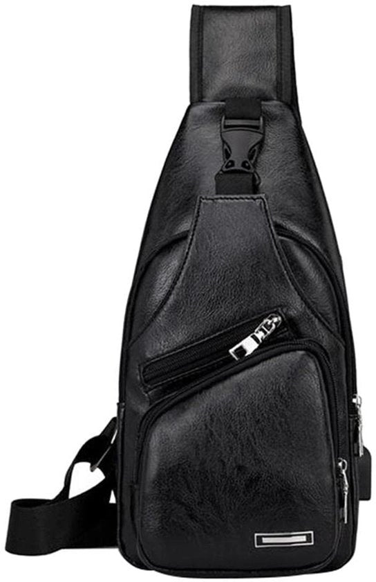 Borsa da Spalla in Pelle con Porta USB per Uomo, Borsa da Trasporto con Porta USB per Attività All'Aperto, Nero