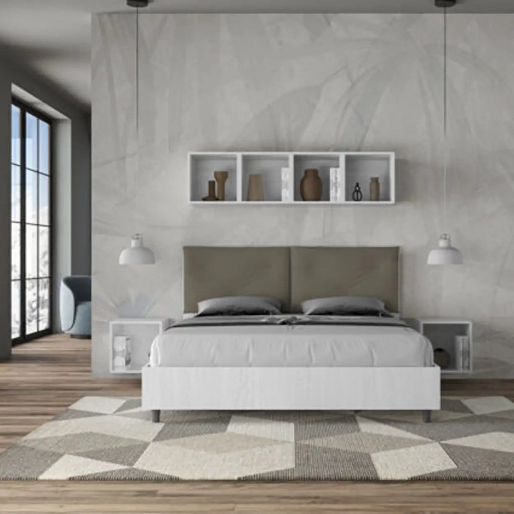 Letto matrimoniale con rete 160x190 bianco frassino cuscini similpelle cappuccino Egos Appia