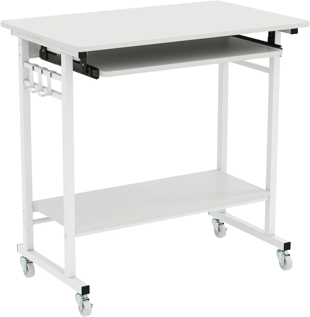 Scrivania mobile per computer con ruote, scrivania con ampia superficie di lavoro, estrattore per tastiera, supporto per CPU e ganci, tavolo per PC industriale, per casa e studio, 80 x 50 x 75