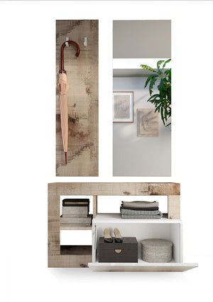 Set Ingresso Mobile 1 Anta a Ribalta Appendiabiti 90,5x36x170 cm e Specchio 50x110 cm Hamburg Bianco Lucido e Pero