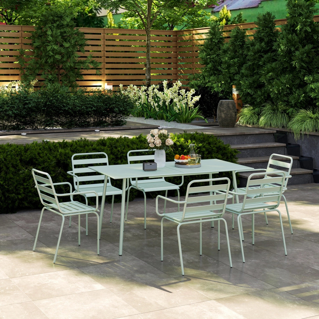 Set da giardino 7 pezzi con tavolo e 6 sedie impilabili in acciaio verde chiaro ¨C zephmum ¨C verde chiaro