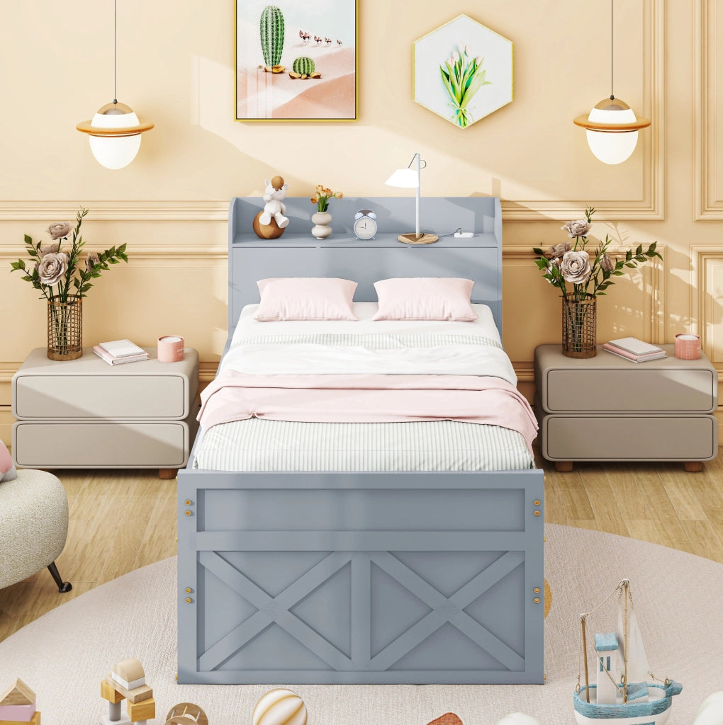 Letto 90x190 cm con letto estraibile, 2 cassetti e comodino USB in legno massello grigio