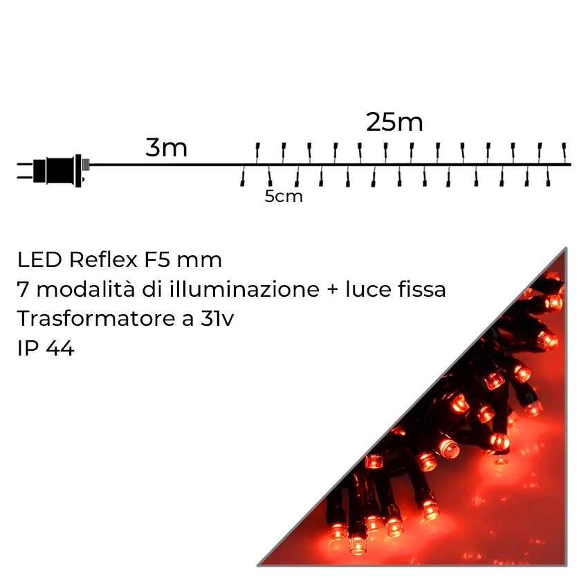 CATENA LUMINOSA 500 LED DA 25 METRI CON CAVO VERDE E LUCE ROSSA - DECORAZIONE LUMINOSA PER INTERNI ED ESTERNI