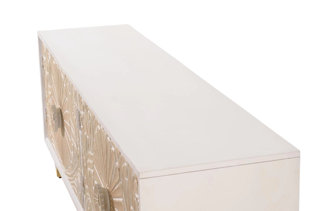 Mobile TV in legno di mango bianco con tocchi dorati