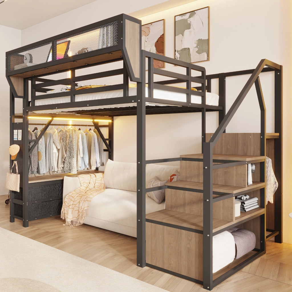 Letto a soppalco 140 × 200 cm con ripiani, asta appendiabiti, cassetti in tessuto et LED, senza materasso, nero