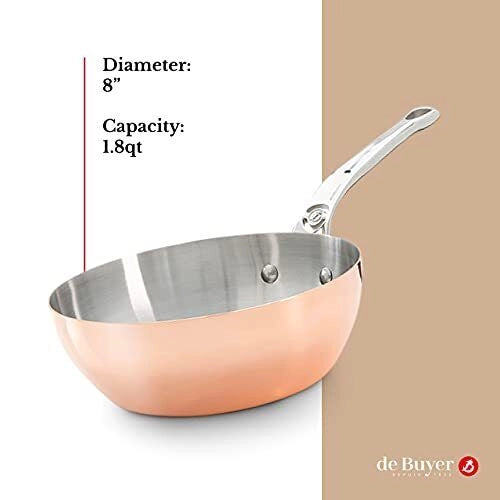 DE BUYER 6236.2 Prima Matera Casseruola Bombata in Rame 90% e Acciaio Inox 10% con Fondo Ferromagnetico per Induzione Diametro 20 cm colore Rame