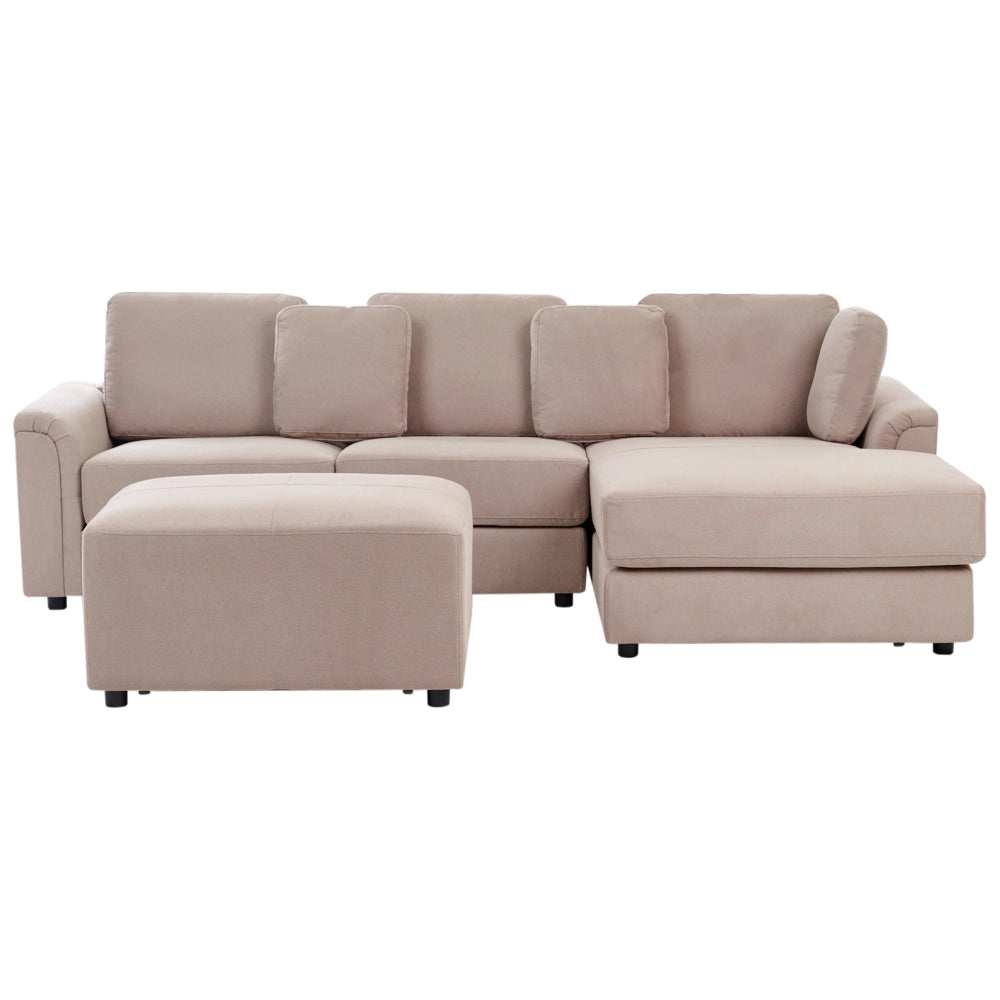 Divano stile moderno ad angolo con pouf in tessuto tortora lato sinistro