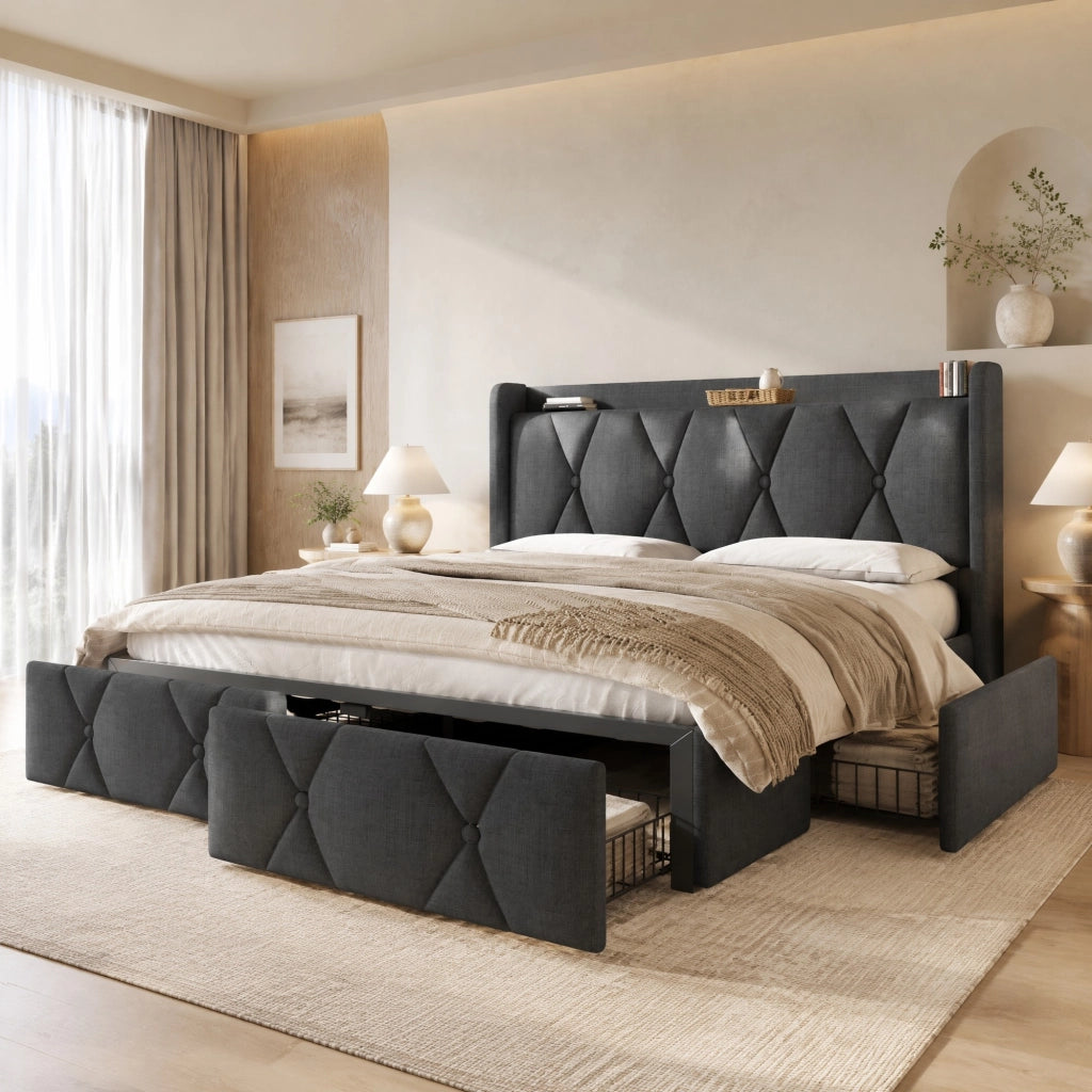 LETTO Contenitore 140x200 cm Grigio in lino con 4 cassetti, USB e prese