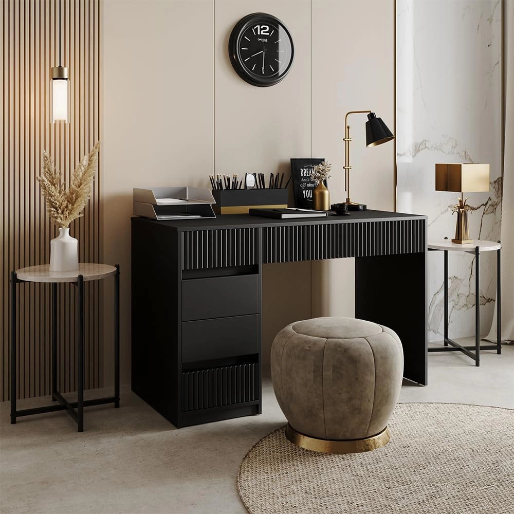 Scrivania Omira, Nero, 120 x 55 cm con 5 cassetti, adatto come postazione di lavoro per home office e studio
