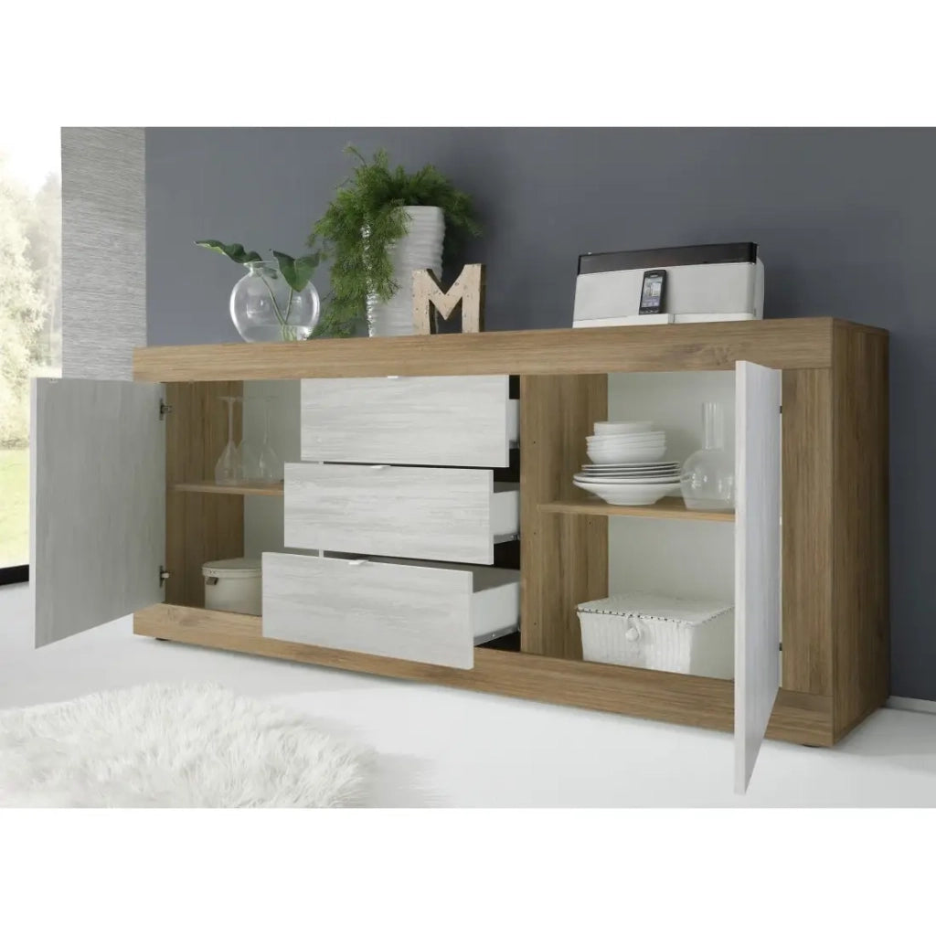 Credenza con 2 porte e 3 cassetti collezione ACCESS. Colori bianco e rovere scuro.