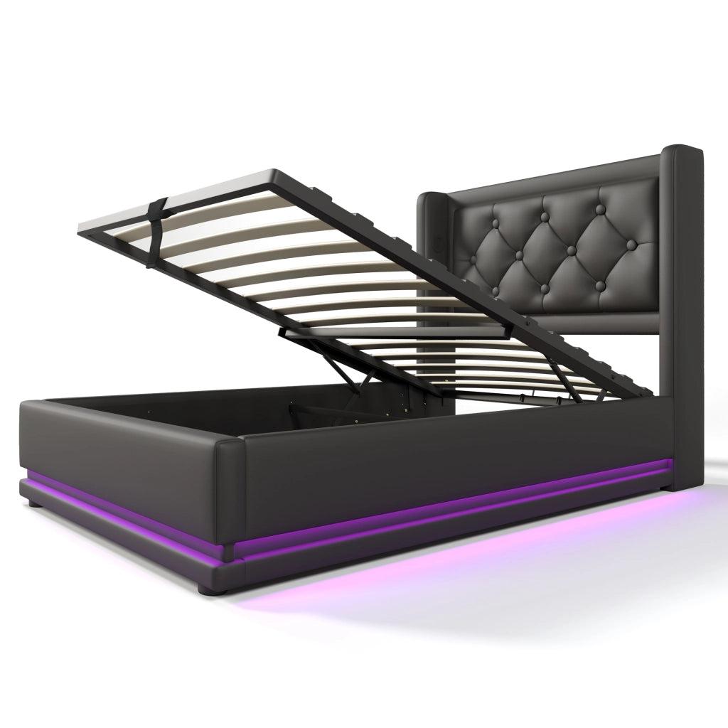 Letto singolo imbottito 90x200 cm in PU nero con contenitore idraulico, testiera con USB e Type-C, LED a 3 lati