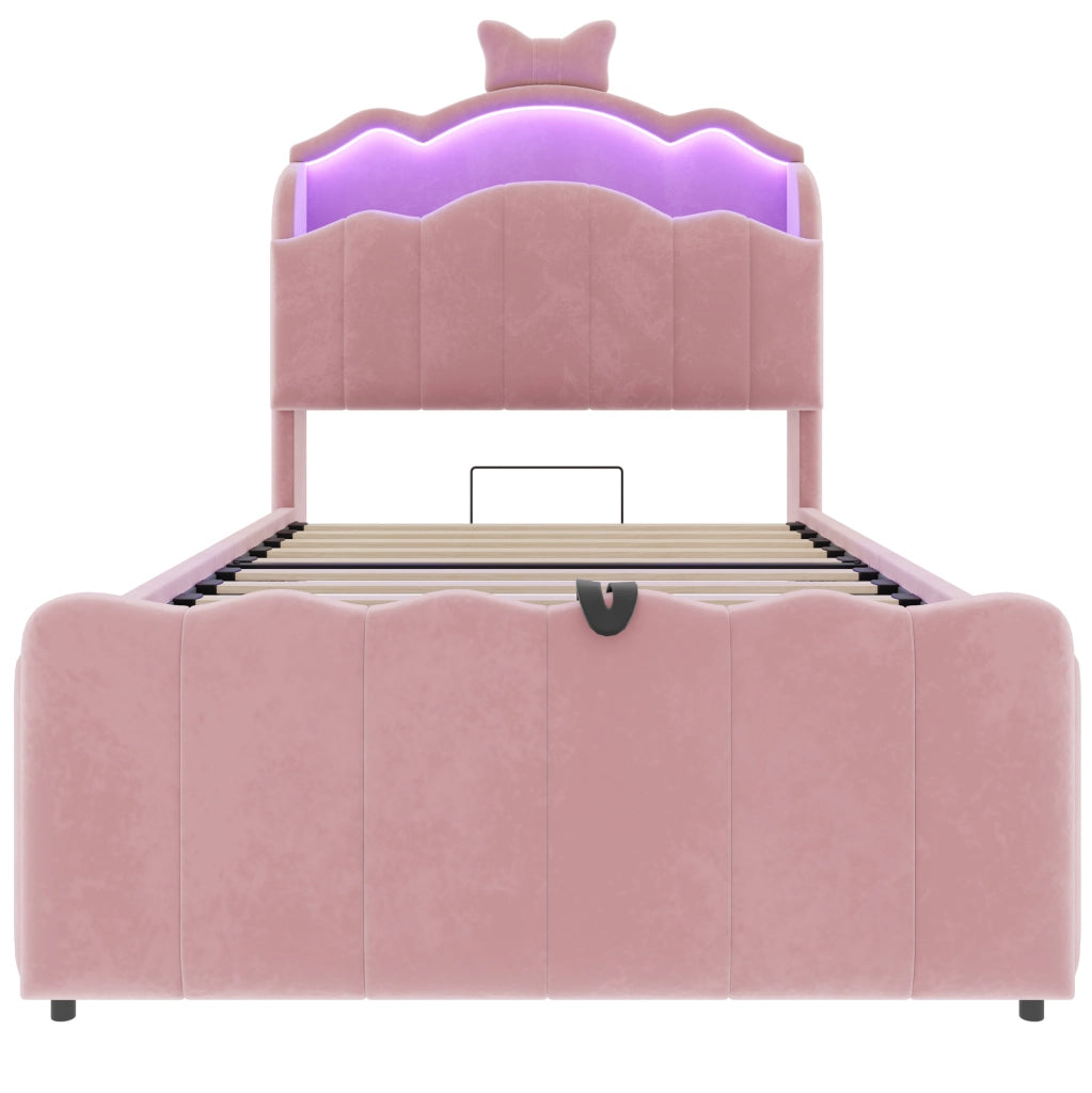 Letto per bambini imbottito 90x200 cm in velluto rosa con LED; USB; USB-C e contenitore