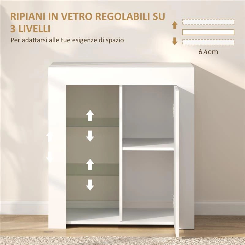 MOBILE CONTENITORE A LED CON 3 RIPIANI APERTI E ARMADIETTO A 2 LIVELLI IN LEGNO E VETRO 75X40.1X83 CM BIANCO