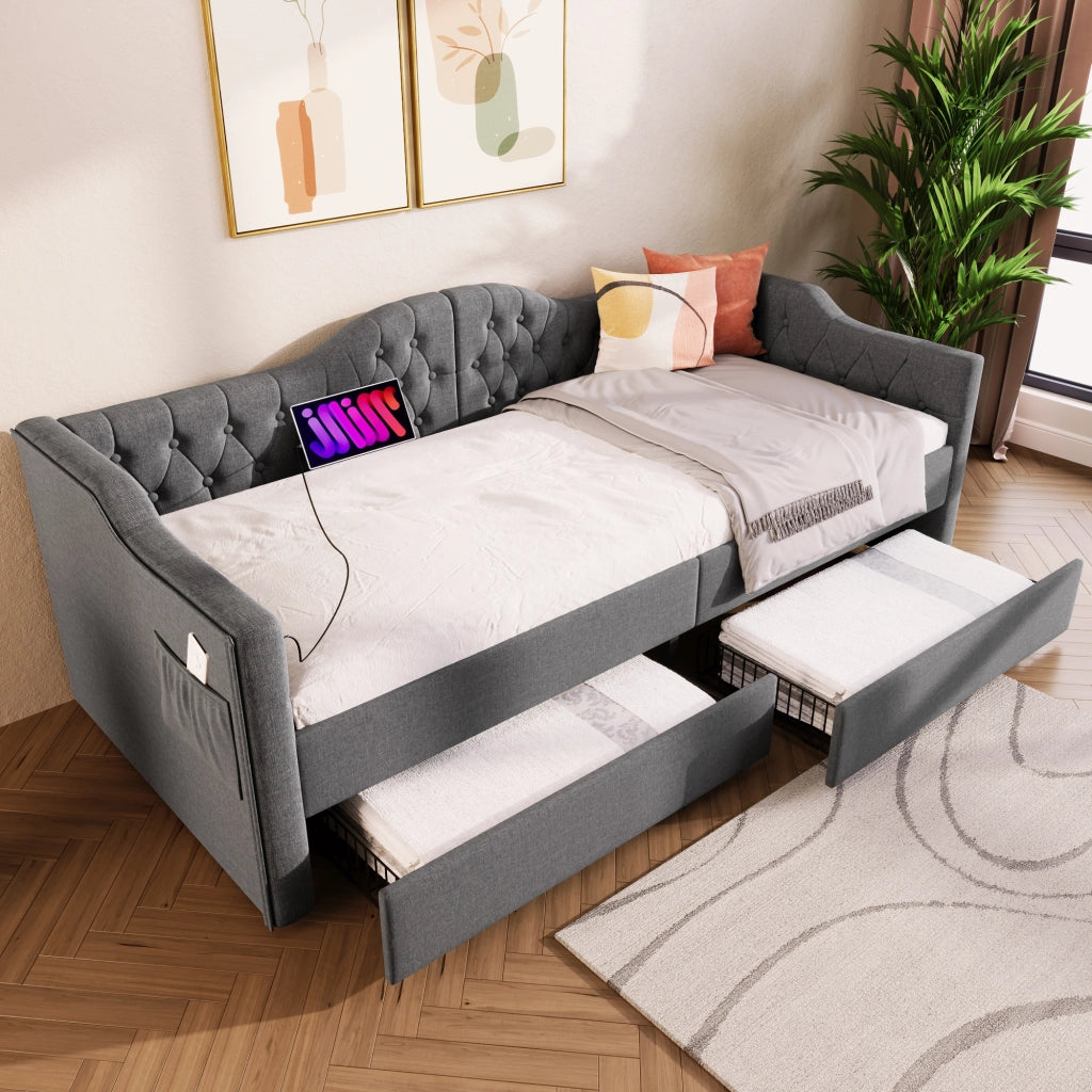 Letto Divano 90 x 190 cm; Letto Singolo con 2 Cassetti; USB e Tipo C; senza Materasso; Lino Grigio