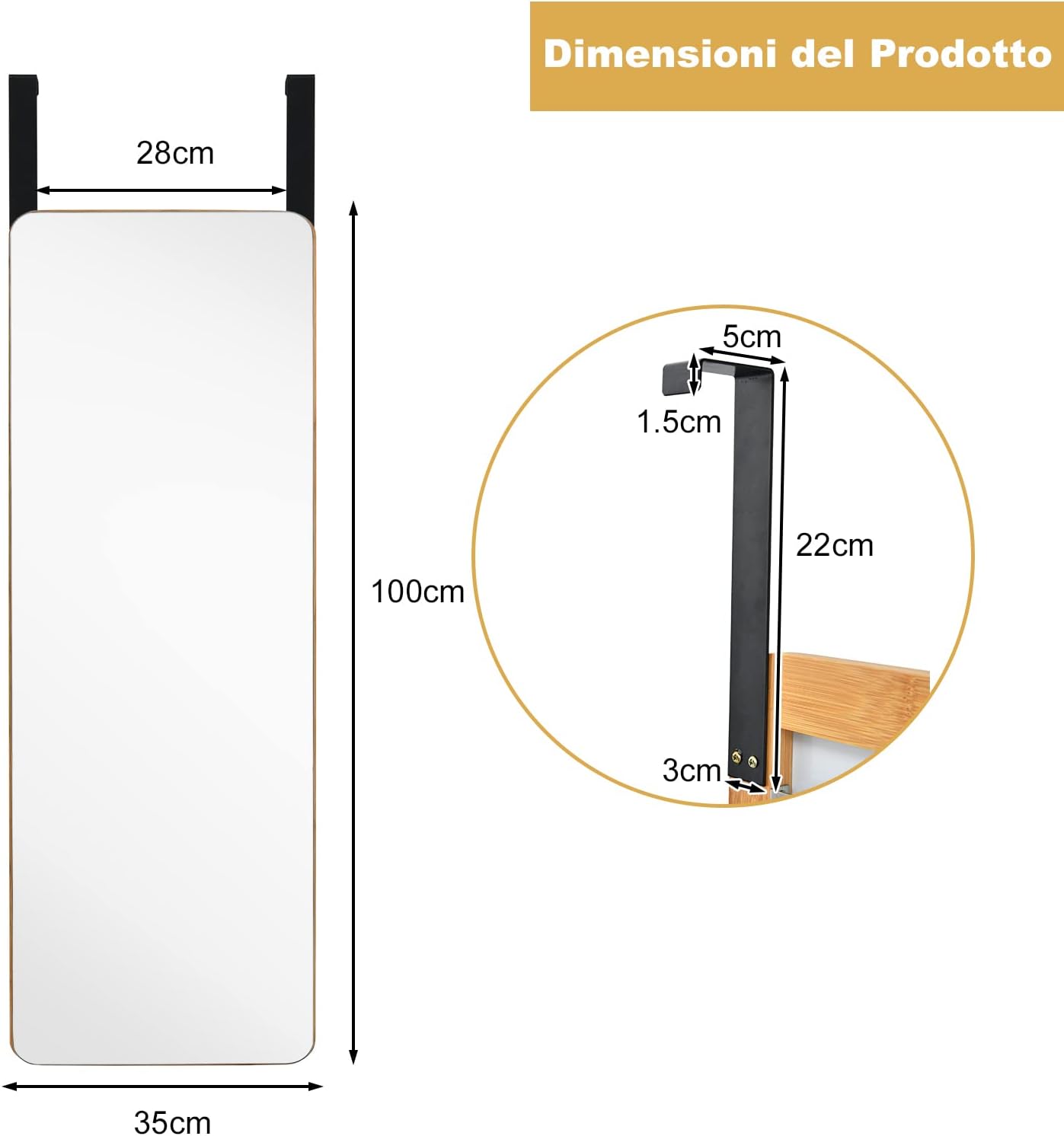 Specchio Figura Intera sulla porta, Specchio Rettangolare da Parete, Specchio Moderno da Trucco da Appendere con 2 Ganci, Ideale per Corridoio Salone Camera da Letto Bagno