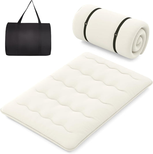 Materasso Futon Pieghevole, Materasso Portatile con Sacca da Trasporto per Camping, Materasso da Terra con Copertura Lavabile (200 x 140 cm, Beige)