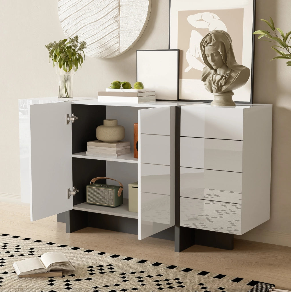 Sideboard moderno bianco lucido 150 cm con 2 ante e 4 cassetti; in MDF e truciolare; bianco nero
