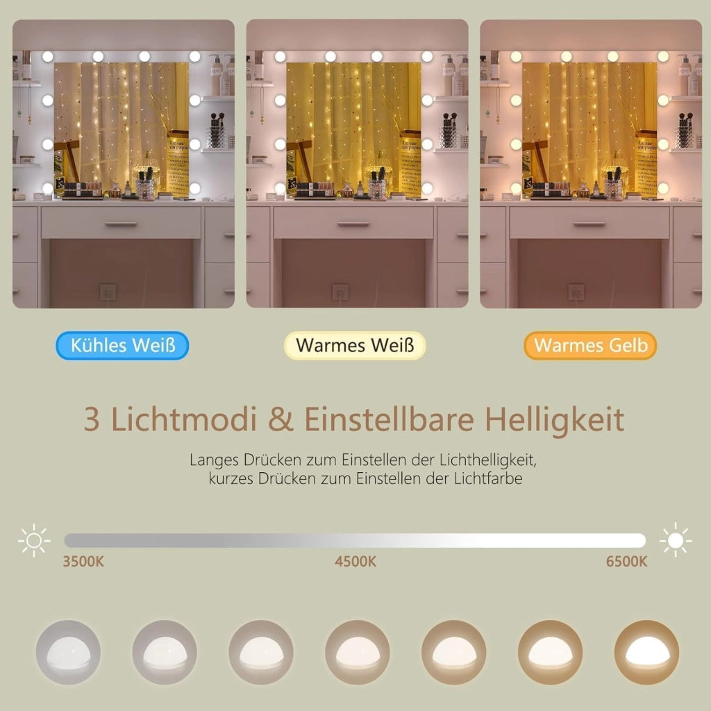 Toeletta Trucco con Luci, Led Regolabili, 3 Colori Regolabili, Toletta con Grande Specchio,Presa,Bianco, 7 Cassetti, 4 Ripiani Aperti e 5 Ganci per Gioielli per la Camera da Letto