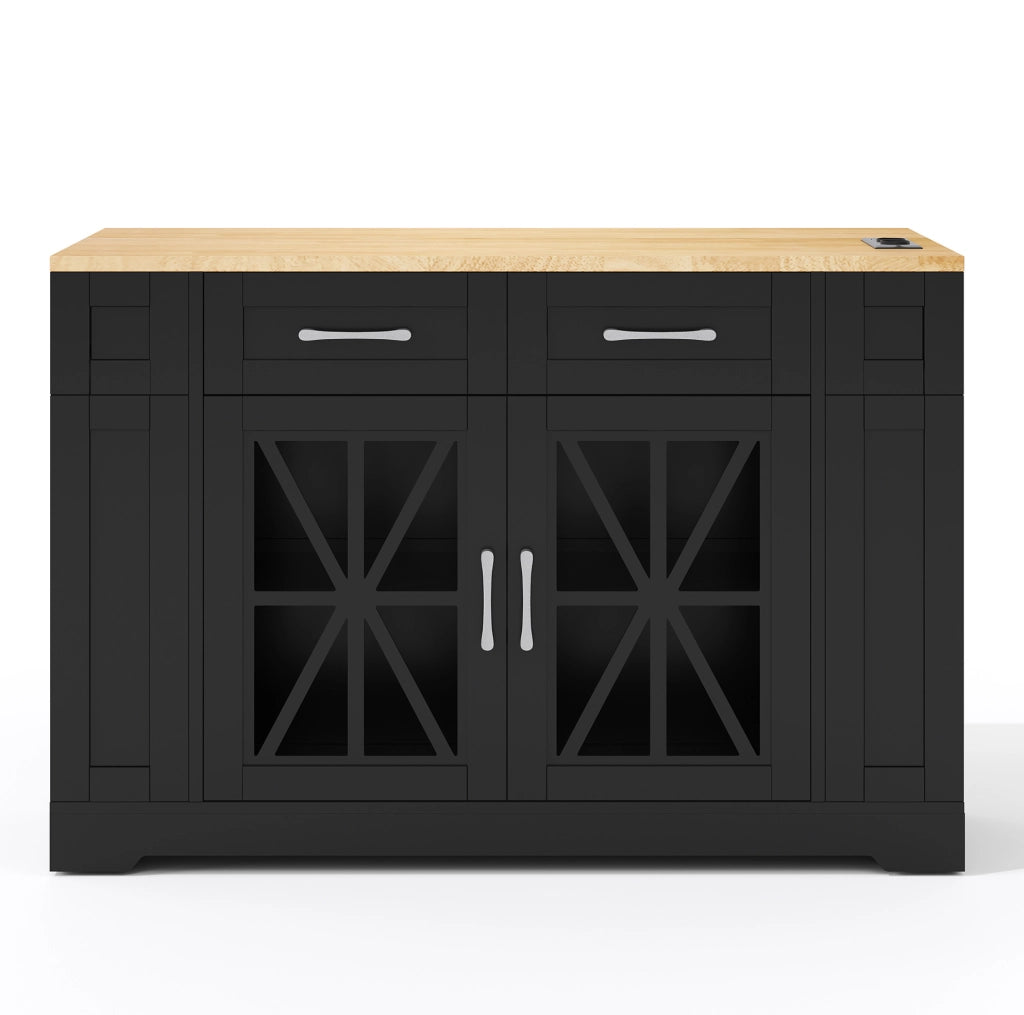 Isola cucina mobile 120x40(65)x92 cm con piano ribaltabile; prese AC e USB in MDF nero e naturale