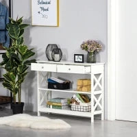 Tavolo Consolle con 2 Cassetti e 2 Mensole, Consolle Ingresso e Soggiorno in MDF, 100x30.5x80cm, Bianco