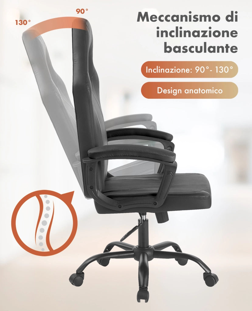 Sedia Gaming Adulto Professionale SimilPelle Reclinabile Con Braccioli Poltrona Ufficio Regolabile in Altezza Pistone Gas Gamer Portata 150 Kg Nero