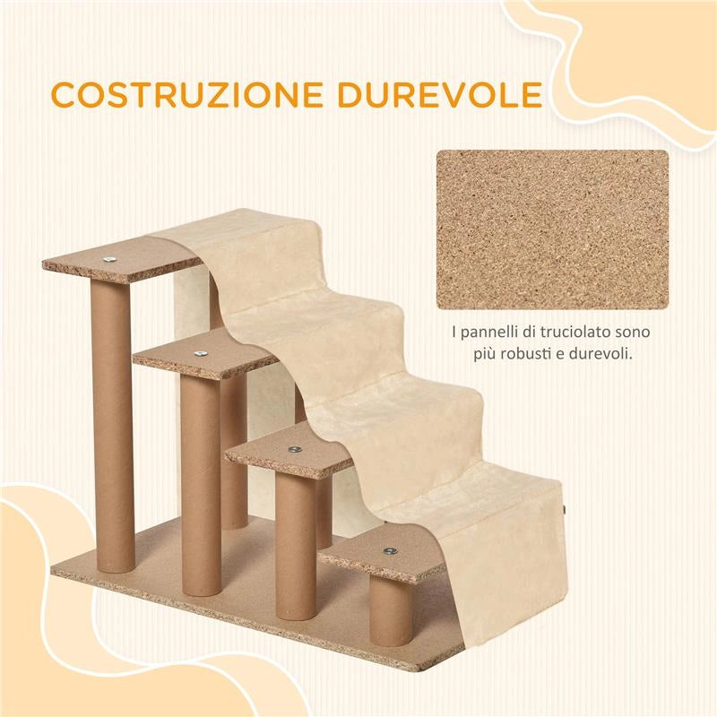SCALETTA PER CANI PORTATILE A 4 GRADINI, IN FLANELLA SFODERABILE E TRUCIOLATO, 60X35X44 CM, BEIGE