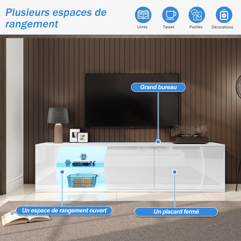 Mobile TV con 3 ante; ripiani e illuminazione LED - per soggiorno - 180 x 40 x 45 cm - bianco