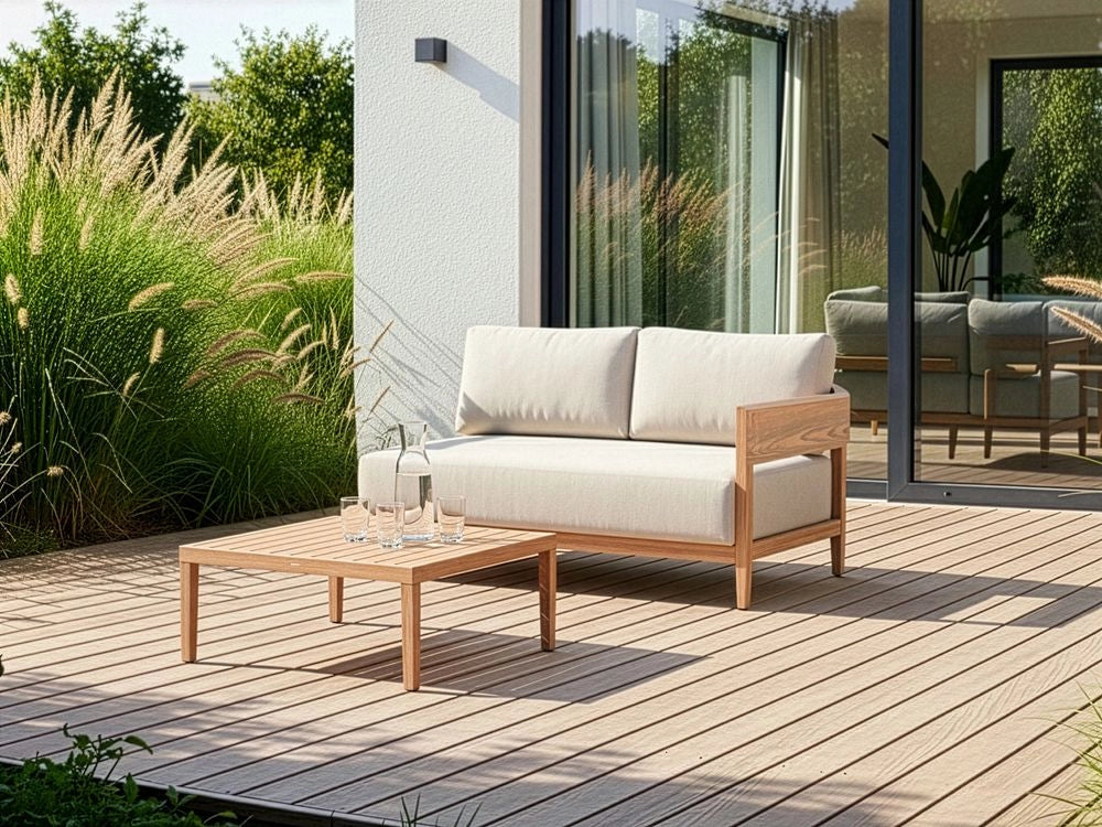 Divano da giardino 2 posti legno di acacia con cuscini marrone chiaro terrazza balcone stile moderno