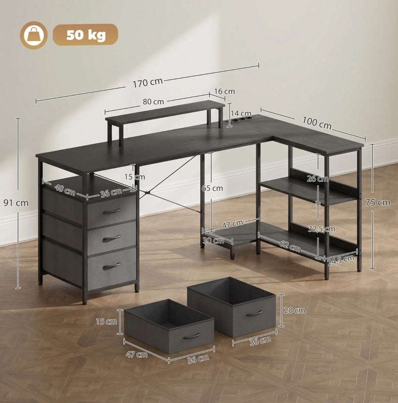Scrivania angolare reversibile con cassetti e ripiani, 170 cm, nero