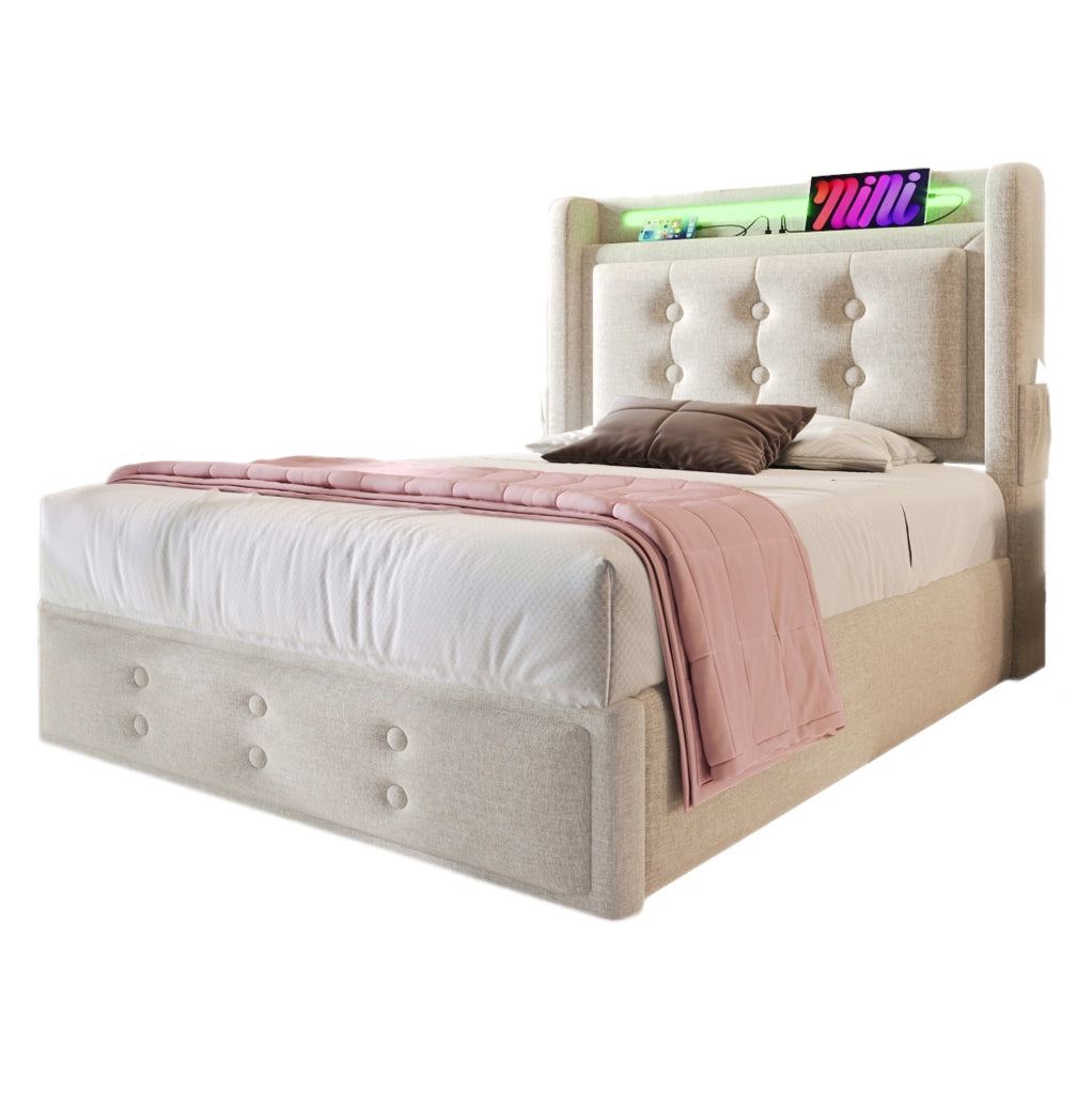 Letto matrimoniale 90x200 cm imbottito con testiera LED; prese e USB; beige in cotone-lino